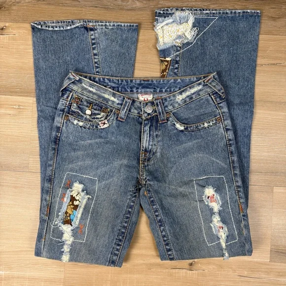 True Religion Low Rise Distressed Flare Jeans, Size 27 - Picture 5 of 7